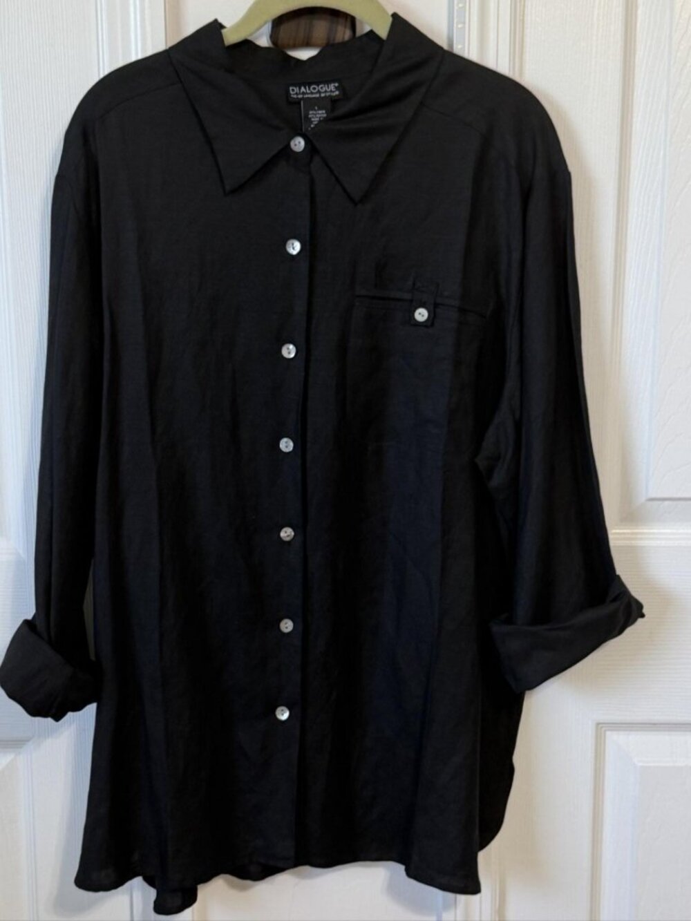 Dialogue Womens Large Black 100% Linen Long Sleeve Button Down Shirt Tunic L